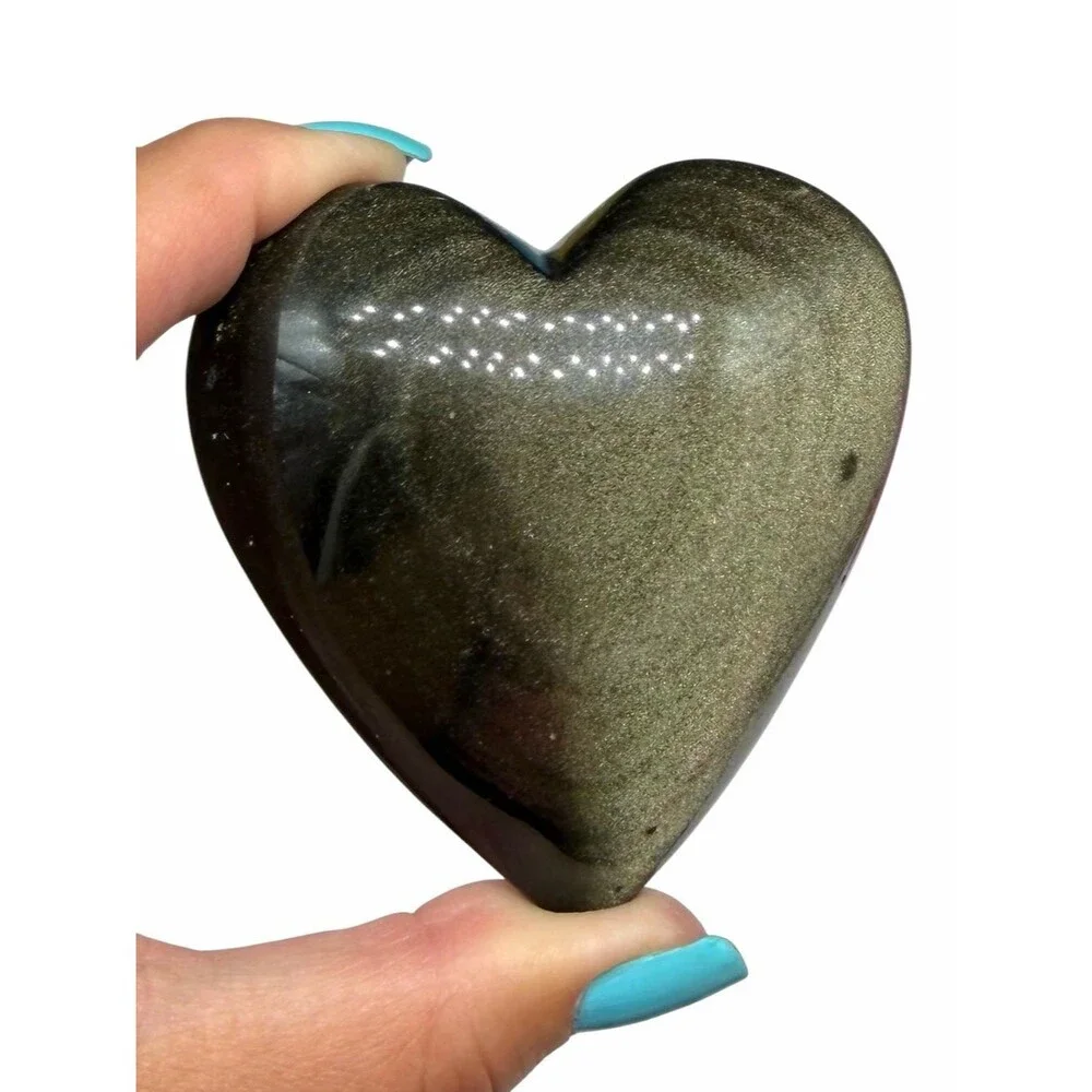 Gold Sheen Black Obsidian Heart Shaped Crystal Stone Puffy Carved Carving